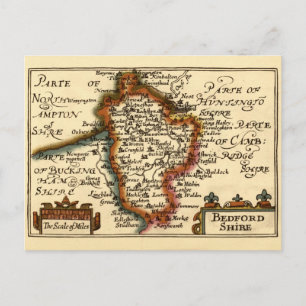 Cartão Postal Bedfordshire County England Antigo Mapa Antiquário