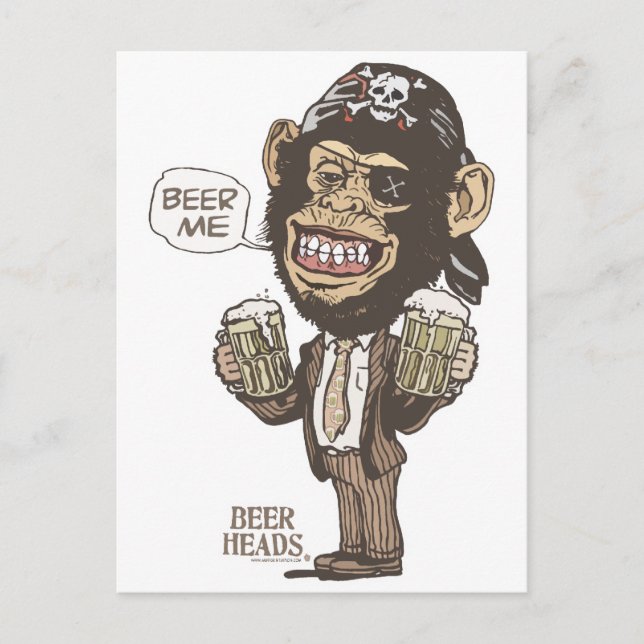 Cartão Postal Beer Me Chimp Pirata por Mudge Studios (Frente)