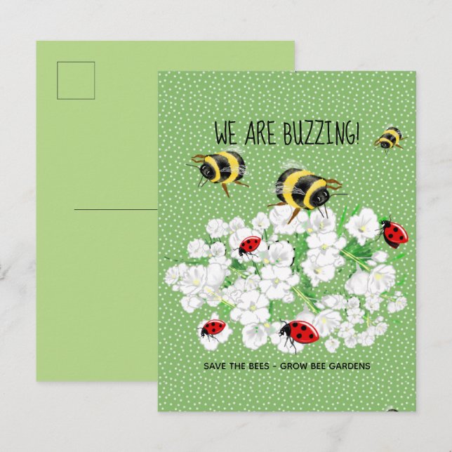 Cartão Postal BEES e LadyBugs - Arte de LeahG Salvar as Abelhas (Frente/Verso)
