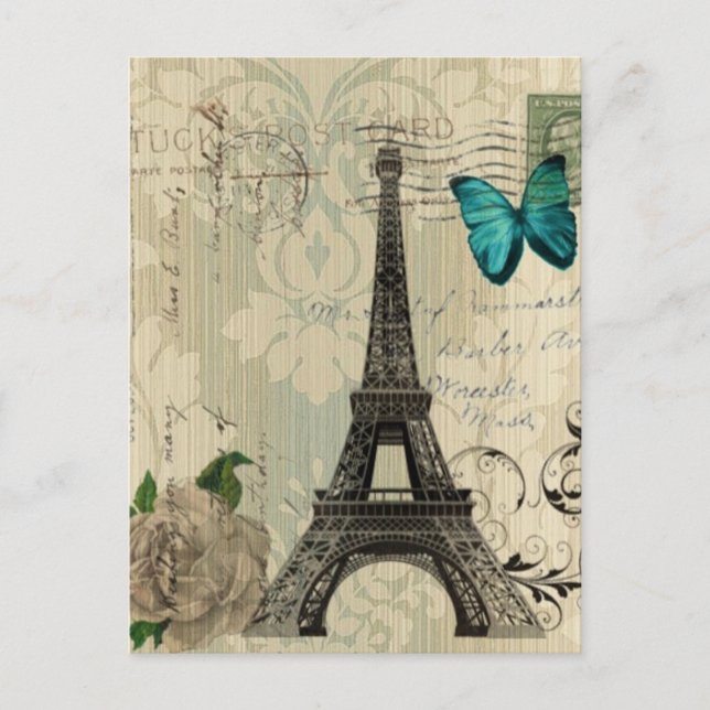 Cartão Postal beige Damask borboleta rosa Paris Eiffel Tower (Frente)