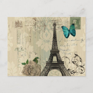 Cartão Postal beige Damask borboleta rosa Paris Eiffel Tower