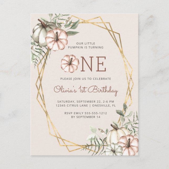 Cartão Postal Beige do Partido primeiro aniversario da Abóbora (Frente)