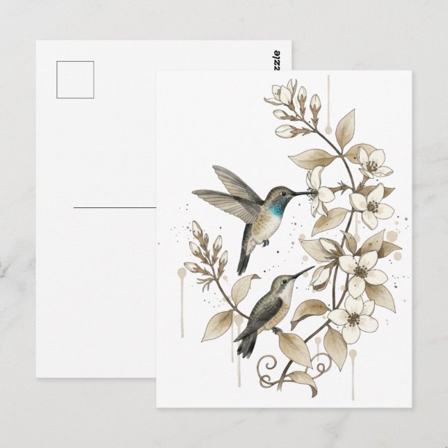Cartão Postal Beija-flor de Jardim Florido Saudação de Primavera (Frente/Verso)