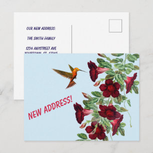 Cartão Postal Beija-flor e Flores Vermelhas Novo Endereço