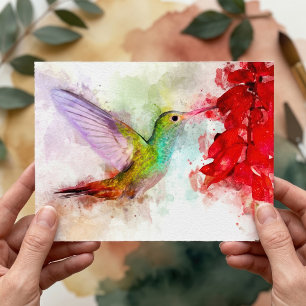 Cartão Postal Beija-flor em Aquarela se Alimentando de Flor Verm
