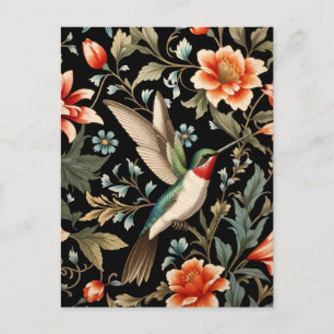 Cartão Postal Beija-flor lindo em fundo floral escuro