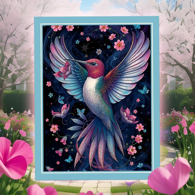 Cartão Postal Beija-Flor Mágico Asas Íris Flores Rosas (Exotic Hummingbird postcard, wings spread in magical flight, pink & blue flowers, beautiful artistic)