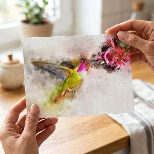 Cartão Postal Beija-flor se Alimentando de Flor Rosa Aquarela