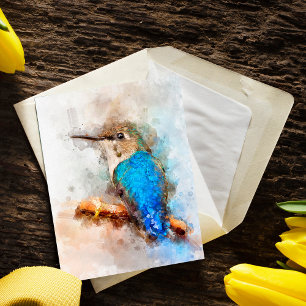 Cartão Postal Beija-flor Vibrante em Aquarela em um galho