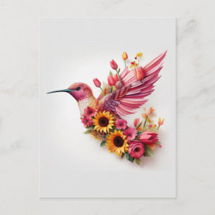 Cartão Postal Beija-flor voando com flores