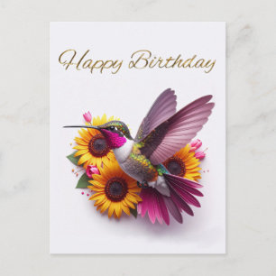 Cartão Postal Beija-flor voando com flores Feliz Aniversário