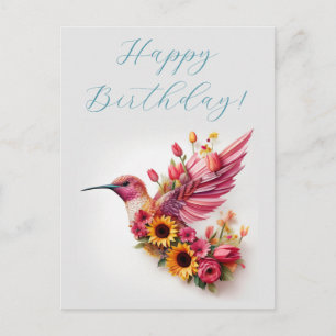 Cartão Postal Beija-flor voando com flores Parabéns