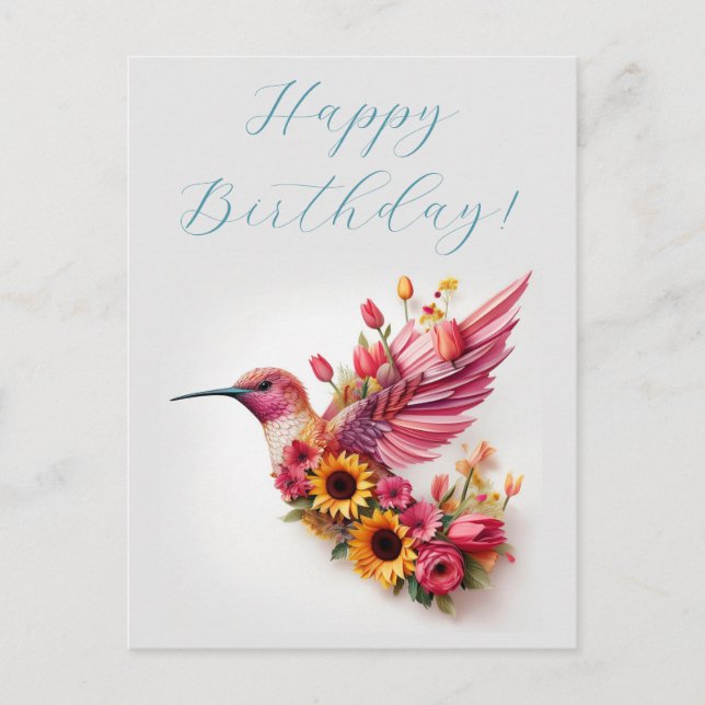Cartão Postal Beija-flor voando com flores Parabéns (Frente)