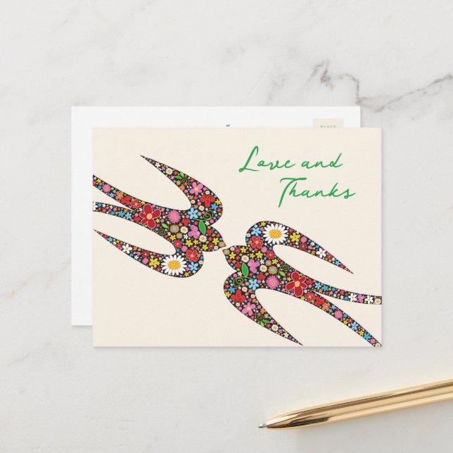 Cartão Postal Beijo às Flores da Primavera das Cisnes Obrigado (Frente/Verso In Situ)