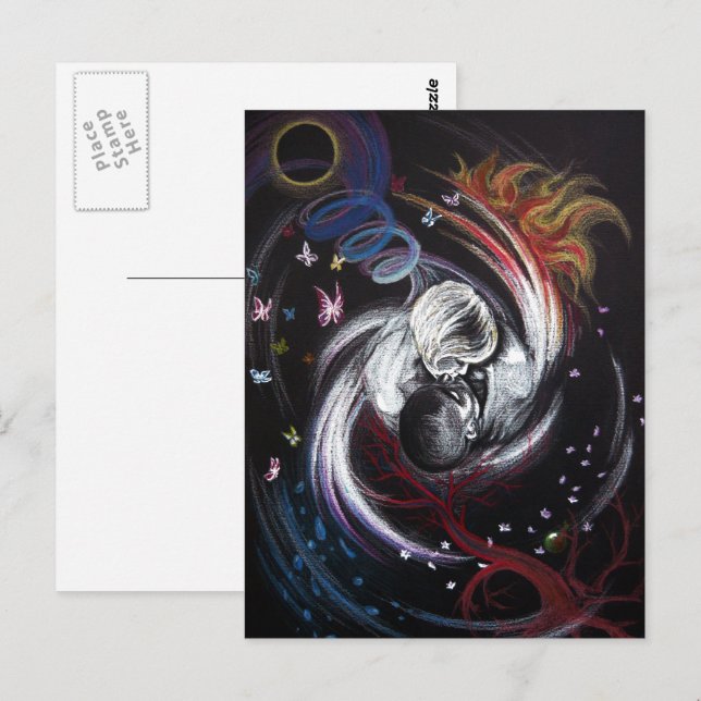 Cartão Postal Beijo casal Yin Yang Amor Arte de desenho surreal (Frente/Verso)