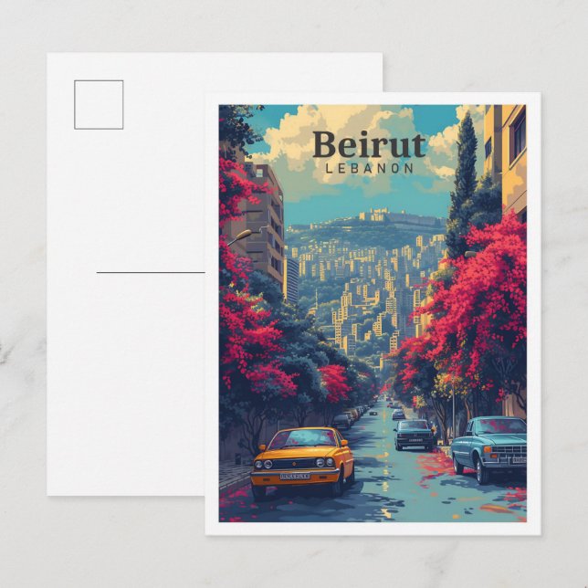 Cartão Postal Beirute Lebanon Vintage Art Viagem Illustração (Frente/Verso)