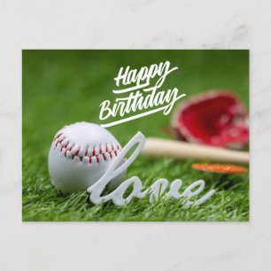 Cartão Postal Beisebol Feliz Aniversário com bola de grama verd