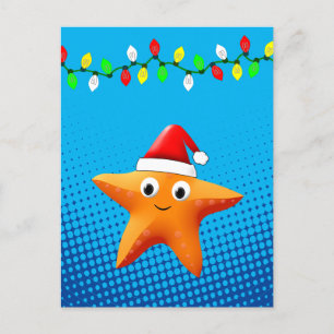 Cartão Postal Bela Cartoon Starfish Santa Hat Luzes de Natal