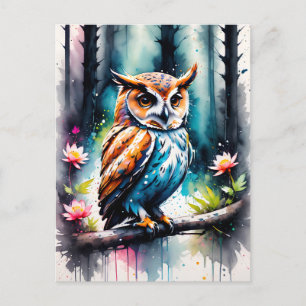 Cartão Postal Bela Coruja em Estilo de Salpicos de Aquarela