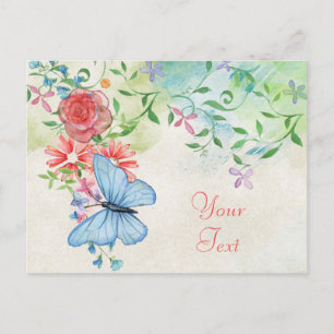 Cartão Postal Bela Floral Aquarela com Borboleta