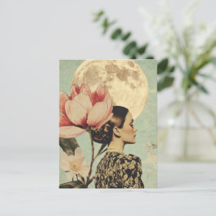 Cartão Postal Bela Lua - Mulher com Flor Rosa e Lua