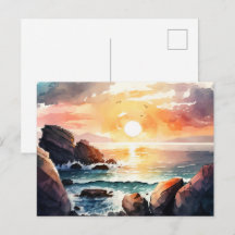 Bela Paisagem do Pôr do Sol do Oceano em Aquarela