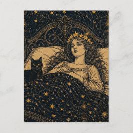 Cartão Postal Bela Rainha da Fantasia e Seu Gato Preto na Cama