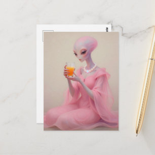 Cartão Postal Bela Senhora Alienigena Rosa Com Suco de Laranja