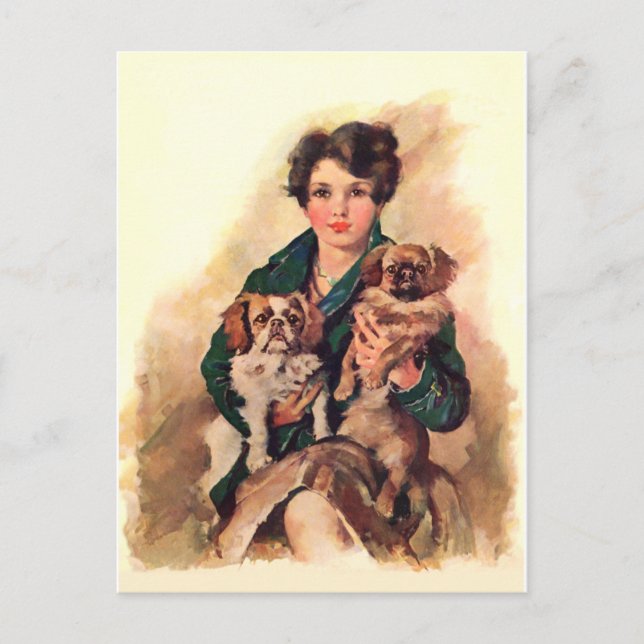 Cartão Postal Bela Senhora com Cães Pequinês (Frente)