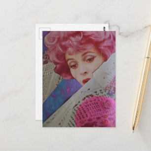 Cartão Postal Bela Senhora de Cabelo Rosa Retro Colagem Mista