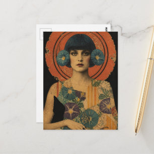 Cartão Postal Bela Senhora Retro e Flores