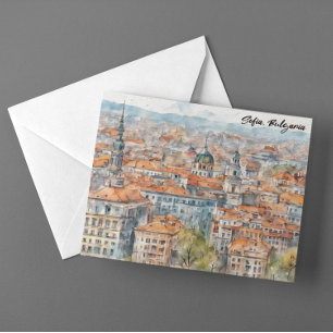 Cartão Postal Bela Sófia Bulgária Pintura Aquarela Cidade