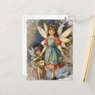 Cartão Postal Belas Fadas de Natal Vintage e um Cachorro
