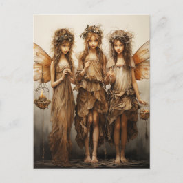 Cartão Postal Belas Fadas Vestidos Marrons Velas Brilhantes  