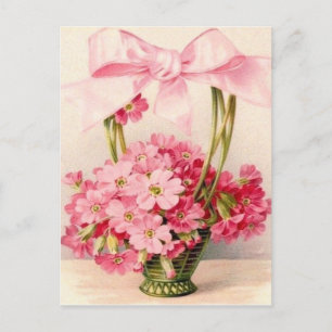 Cartão Postal Belas Flores Rosa Vintage em Cesta Verde