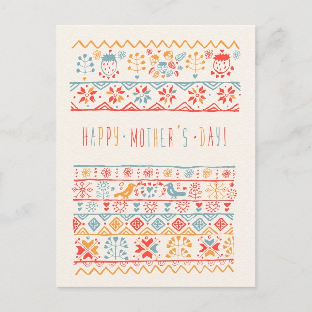 Cartão Postal Belas-Mãos, Aves Desenhadas Flores Feliz dia de as (Frente)