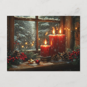 Cartão Postal Belas Velas Vermelhas Brilhantes Pinhas Frutas