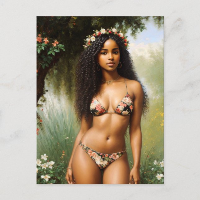 Cartão Postal Beleza Floral Modelo Bikini da Mulher Negra (Frente)