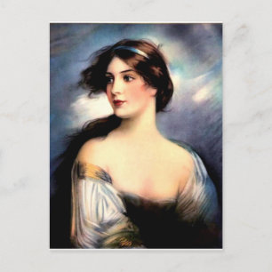 Cartão Postal belíssima mulher vitoriana soprada pelo vento