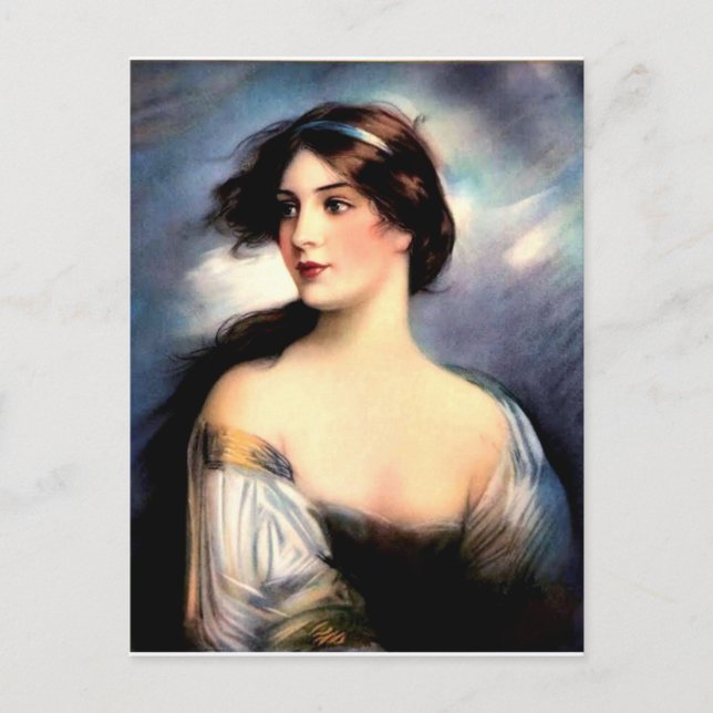 Cartão Postal belíssima mulher vitoriana soprada pelo vento (Frente)