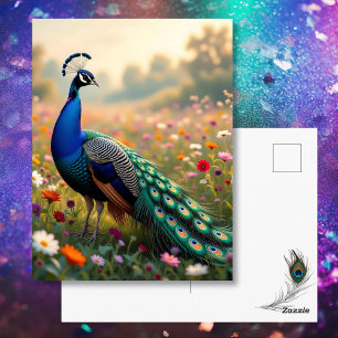 Cartão Postal Belíssimo Pavão em um Campo Floral