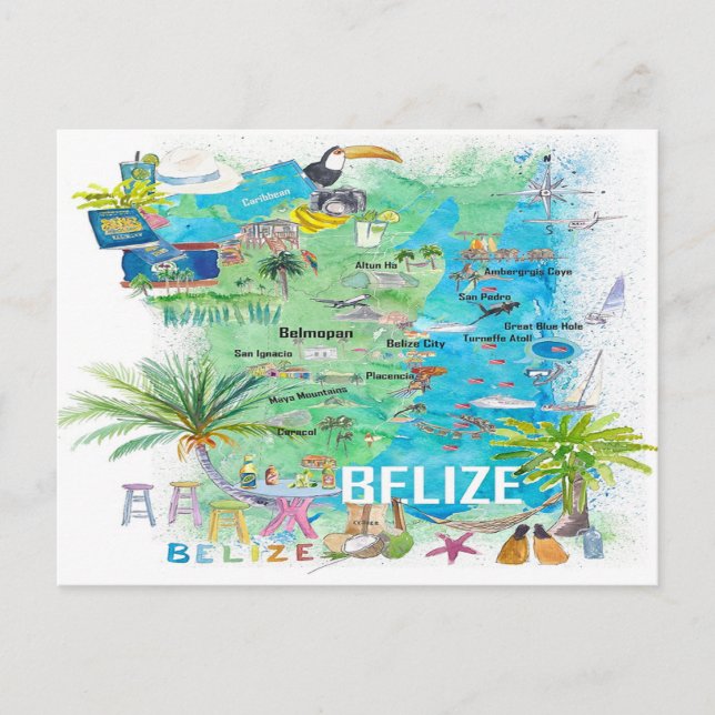 Cartão Postal Belize o Mapa de Viagem Ilustrado do Caribe com Es (Frente)