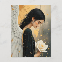 Cartão Postal Belo Anjo Gótico e Rosa Branca Celestial