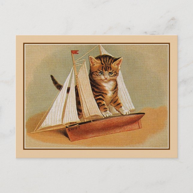 Cartão Postal Belo barco à vela de madeira brinquedo gato vitori (Frente)