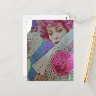 Cartão Postal Belo Cabelo Rosa Senhora Retro Colagem Mídia Mista