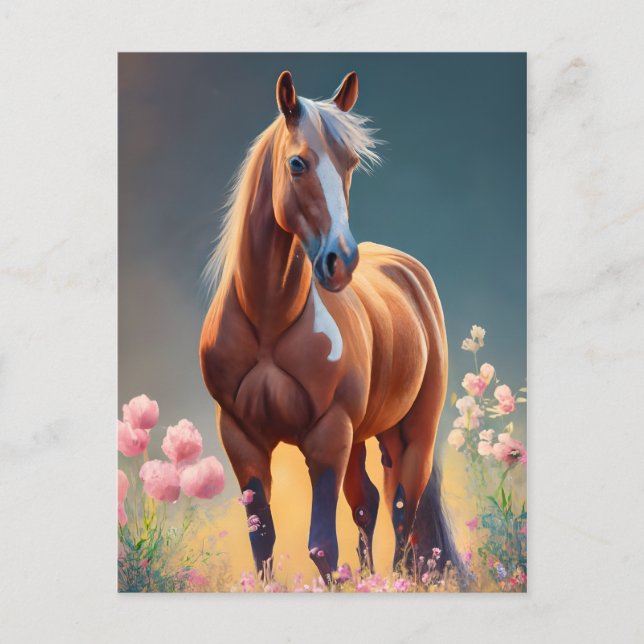 Cartão Postal Belo Cavalo Quarto com Flores Nome (Frente)