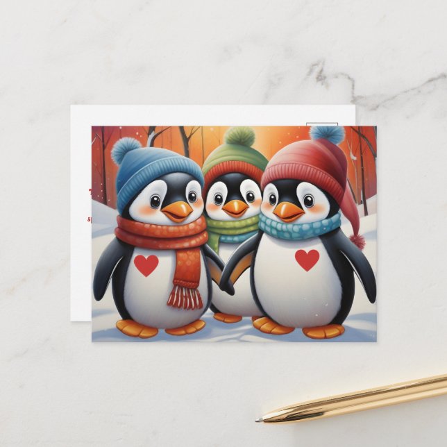 Cartão Postal Belo e adorável Natal dos Pinguins (Frente/Verso In Situ)