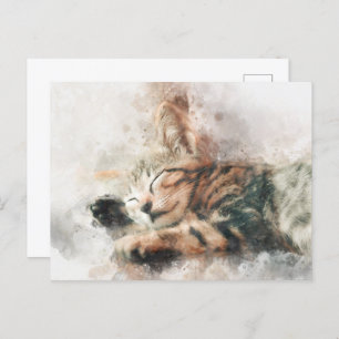 Cartão Postal Belo e bonito gatinho dormindo aquarela