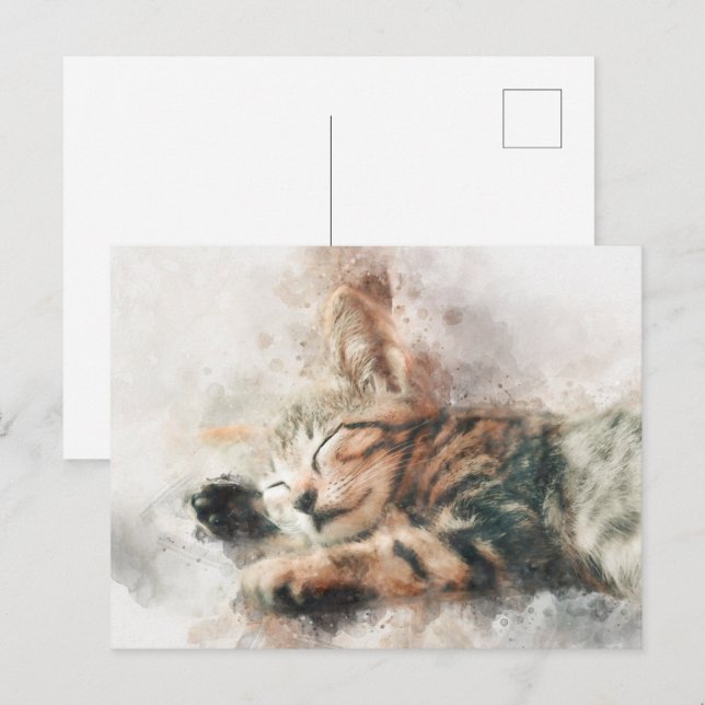 Cartão Postal Belo e bonito gatinho dormindo aquarela (Frente/Verso)