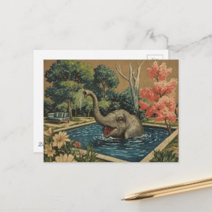 Cartão Postal Belo Elefante Vintage na piscina